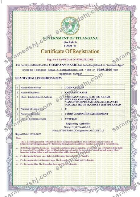 India Telangana certificate of registration Word and PDF template